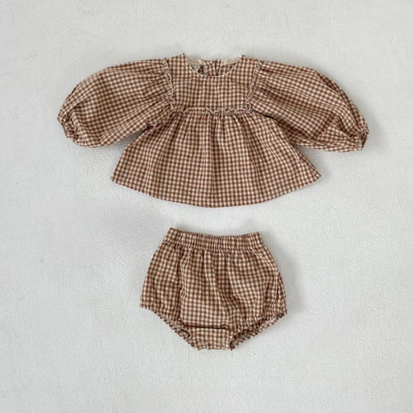 Ensemble Bébé Fille - Chemisier & Short à Carreaux – Kaki, 18-24 mois (90 cm)